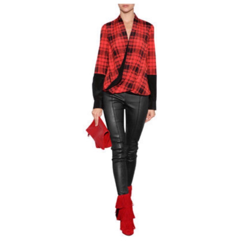 Steffen Schraut Stretch Silk Plaid Wrap Blouse, S